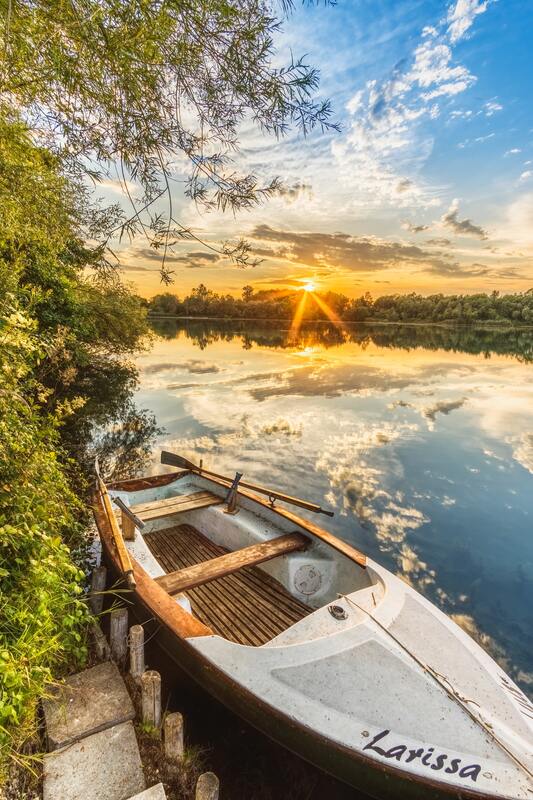 лодка,  река, берег, закат, вода