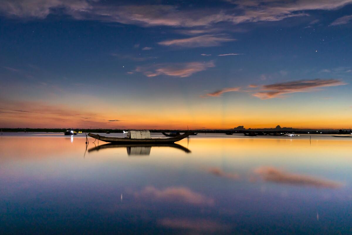 лодка,  река, берег, закат, вода