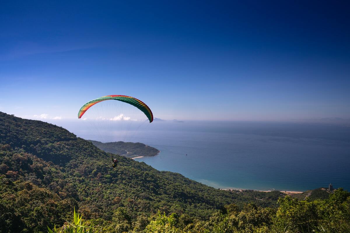 параплан, парашют, небо, море, горы