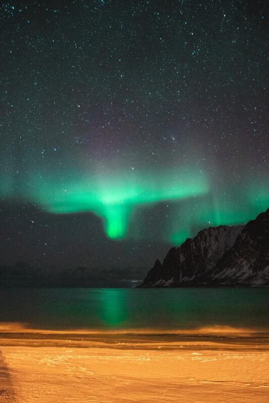северное сияние, снег, звезды, звездное небо