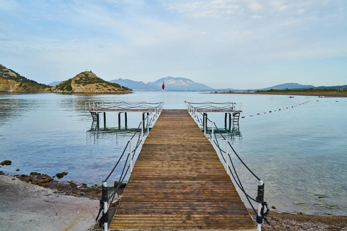 мост, пирс, скалы, море, озеро