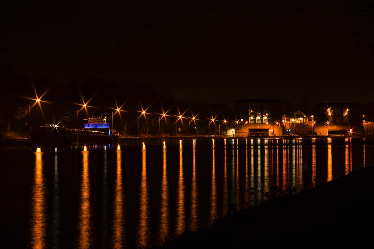 берег, пристань, ночной город, пирс