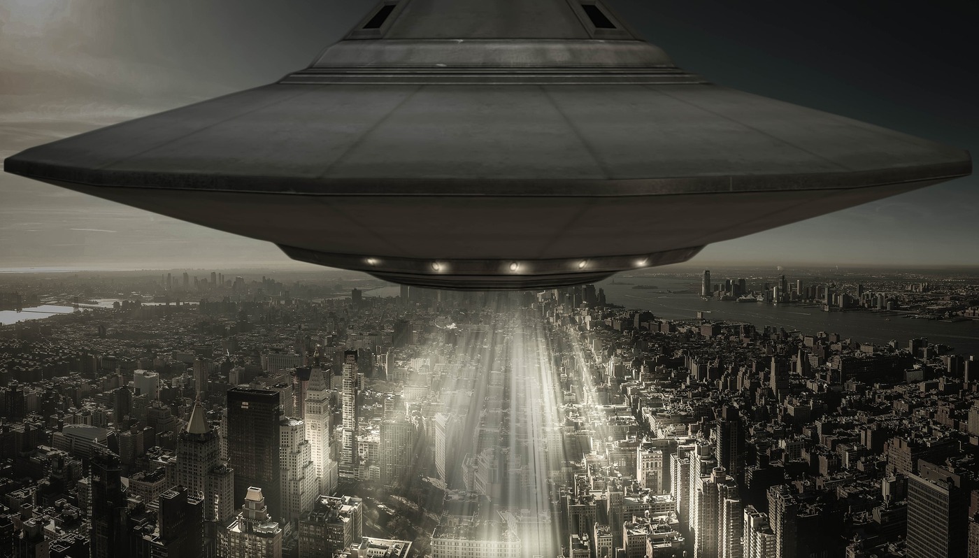 нло, Астрономия, космический корабль, город, мегаполис, черно белые