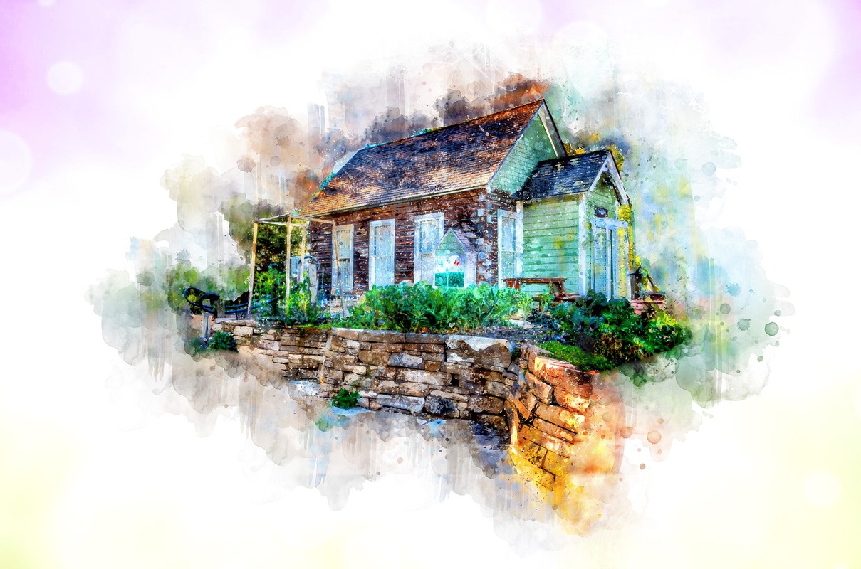 дом, лес, природа, пейзаж, живопись, акварель