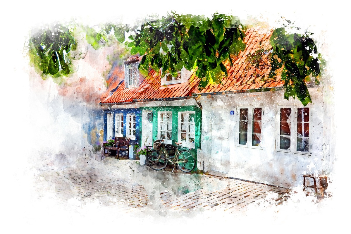 дом, природа, пейзаж, живопись, акварель