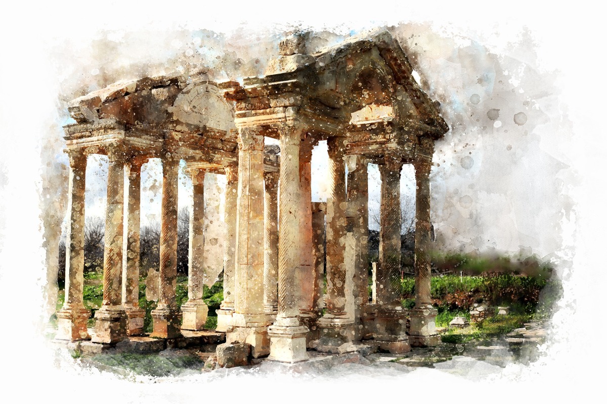 арка, архитектура, колонны, живопись, акварель