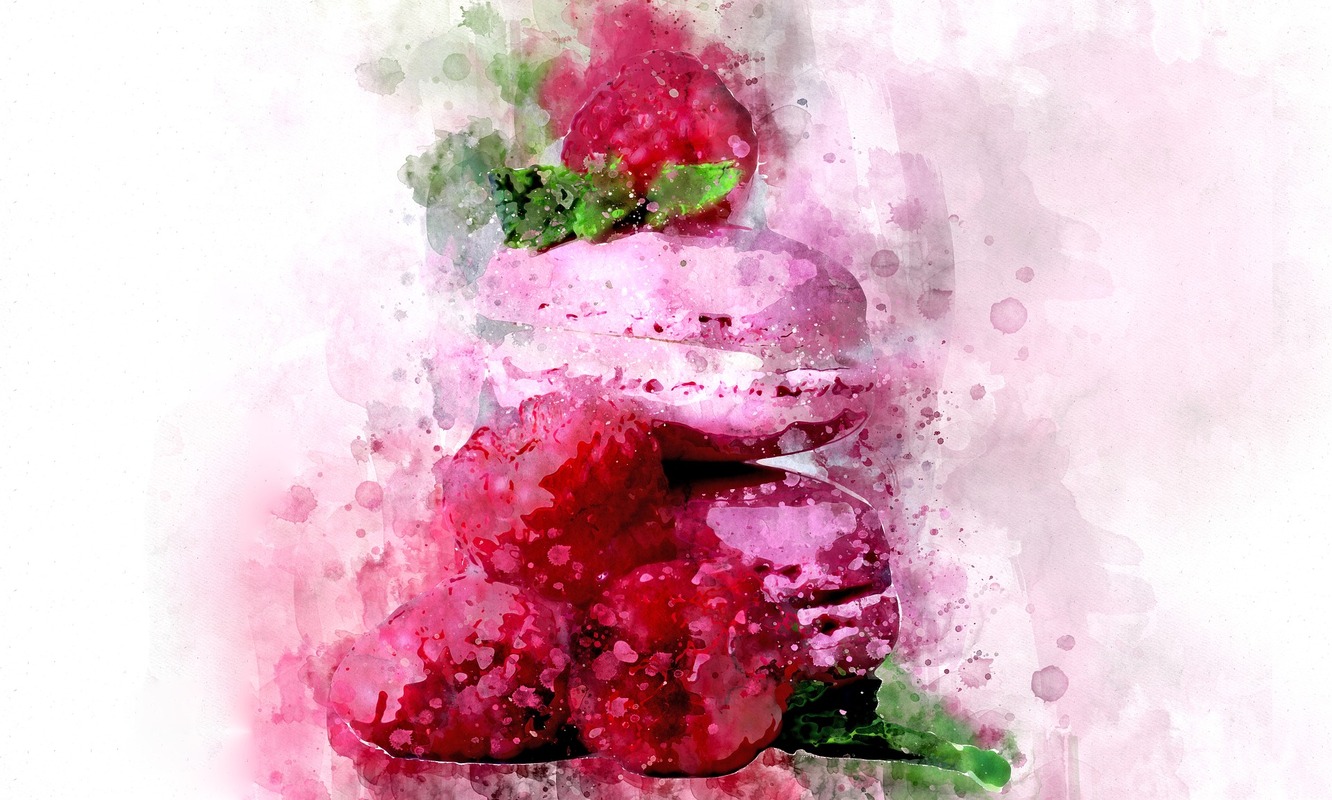 десерт, еда, малина, живопись, акварель