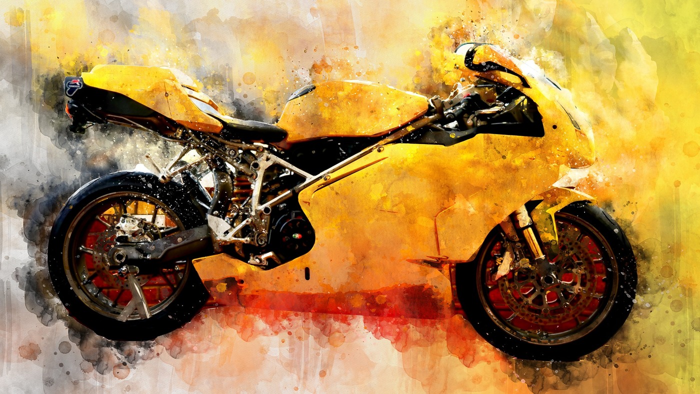 мотоцикл, байк, дорога, живопись, акварель