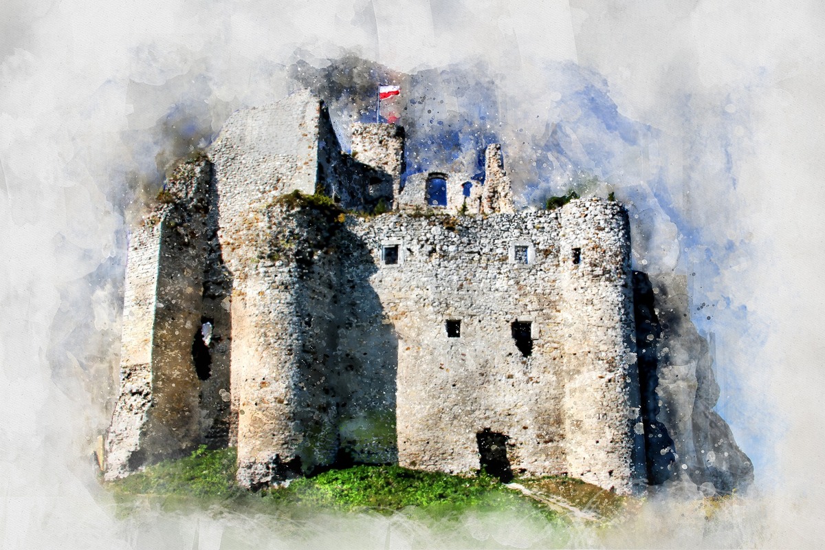 замок, башни, архитектура, строение, живопись, акварель