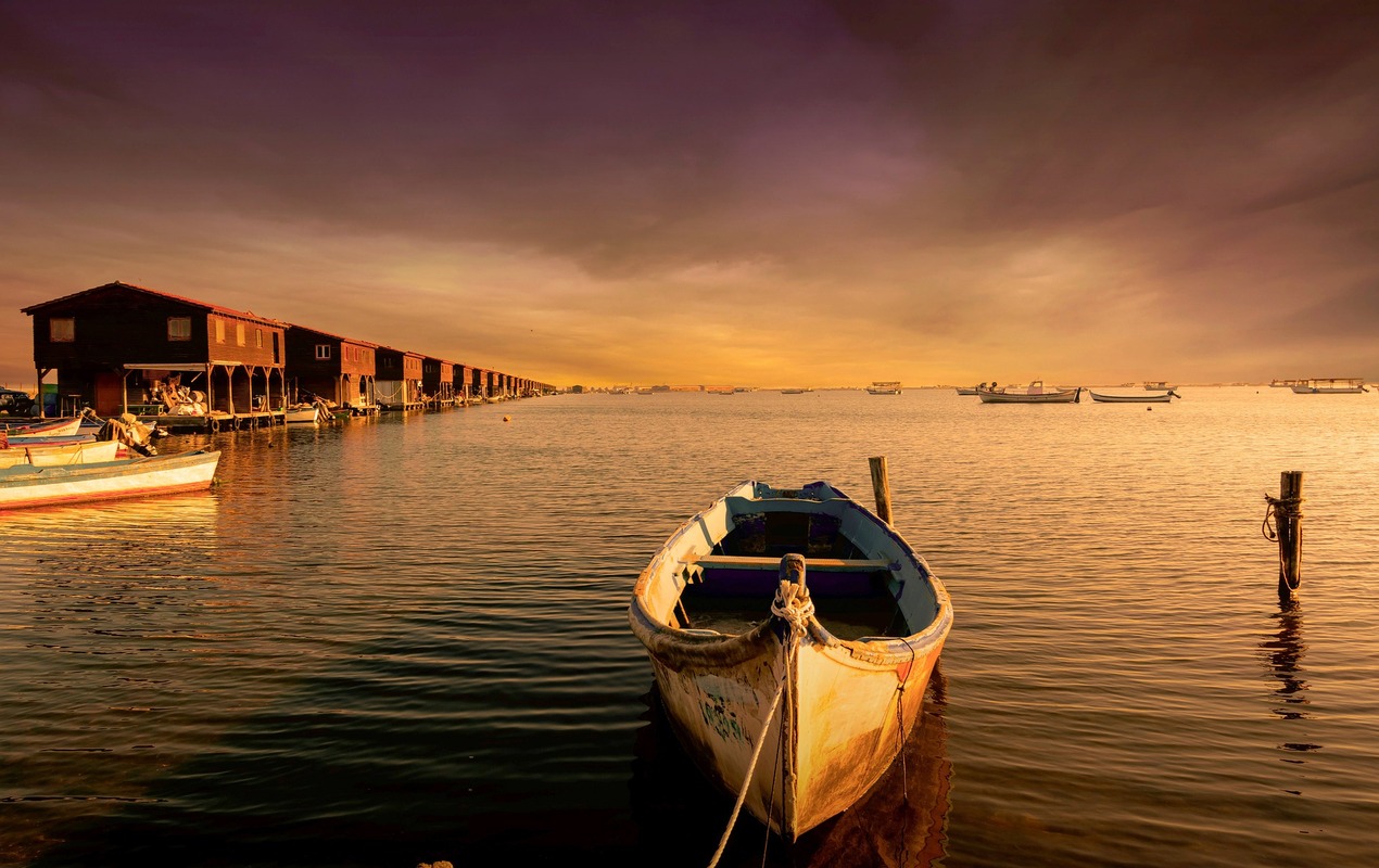 лодка, море, домик, терраса, закат