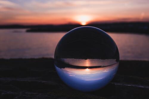 стеклянный шар, 3д, 3d, лес, небо, отражение, восход