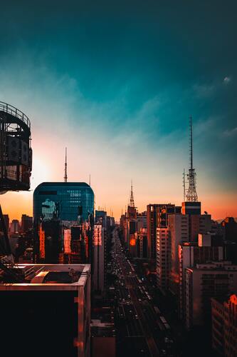 мегаполис, город, небоскребы, восход