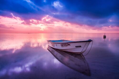 море,  лодка, небо, рассвет, восход