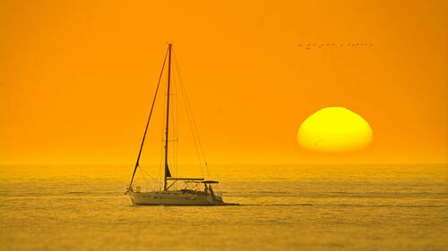 лодка, море, океан, вода, парус, восход