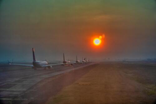 самолет, авиация, взлетная полоса, закат