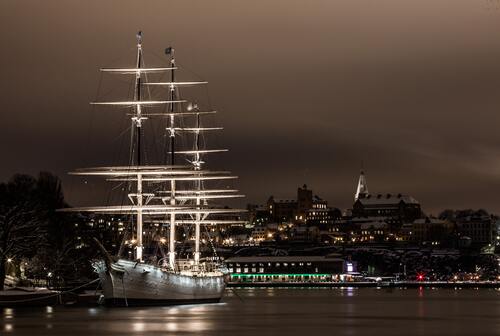 корабль, море, 3д, 3d, ночной город, пирс