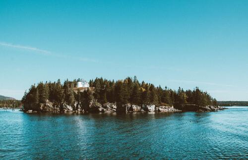 озеро, водоем, природа, деревья, лес, HD, домик, маяк