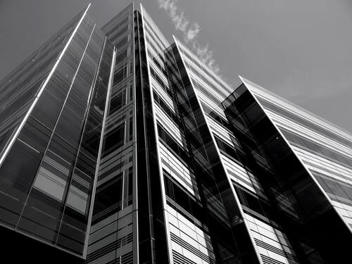 здание, сооружение, архитектура, вид снизу, небоскребы, черно белые