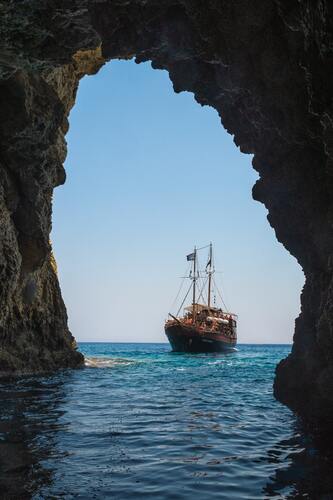 арка, корабль, скалы, море