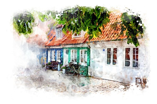 дом, природа, пейзаж, живопись, акварель