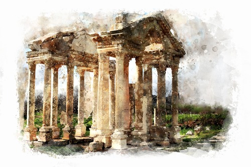 арка, архитектура, колонны, живопись, акварель