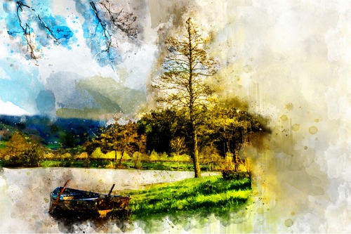 живопись, искусство, лес, природа, лодка, водоем, озеро, акварель