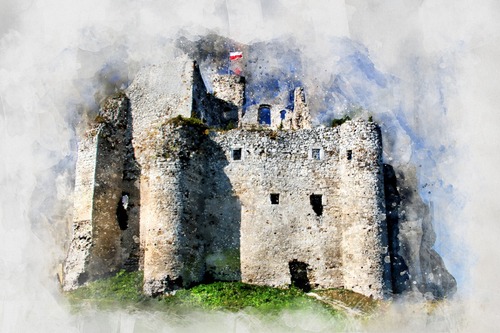 замок, башни, архитектура, строение, живопись, акварель