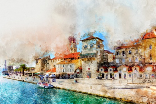 город, архитектура, живопись, здание, улица, лодка, река, море, акварель