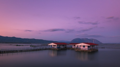 море, берег, домик, мост