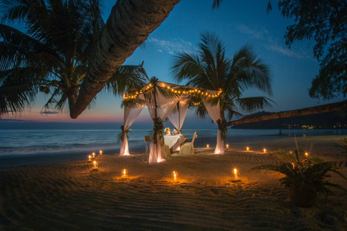 пляж, пальмы, море, свечи, песок, беседка