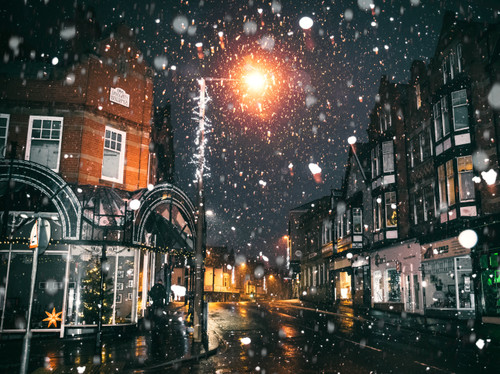 фонарь, улица, снег, город, ночной город